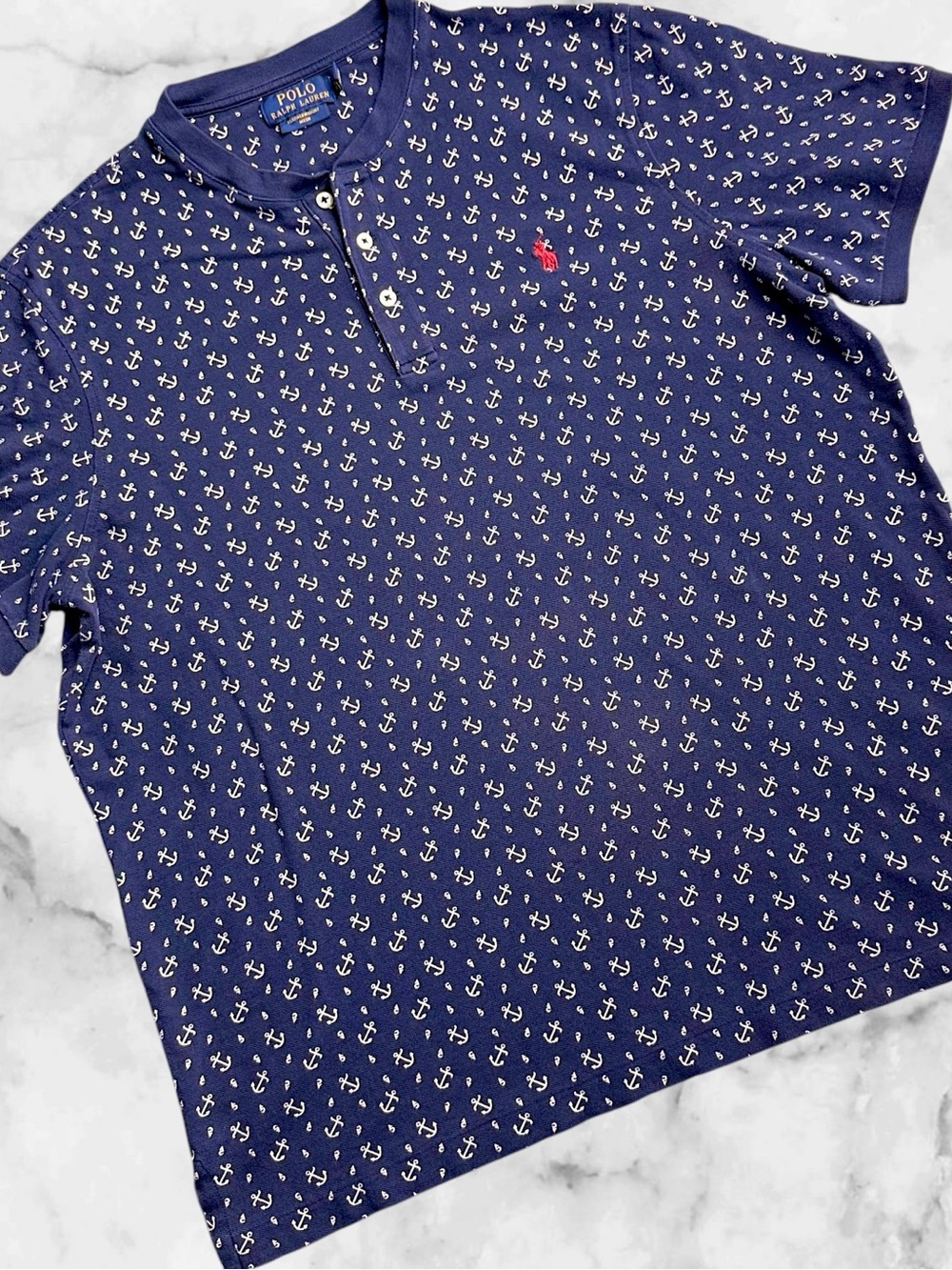Polo Ralph Lauren Men’s L Featherweight Mesh Polo Shirt Anchor Nautical Navy